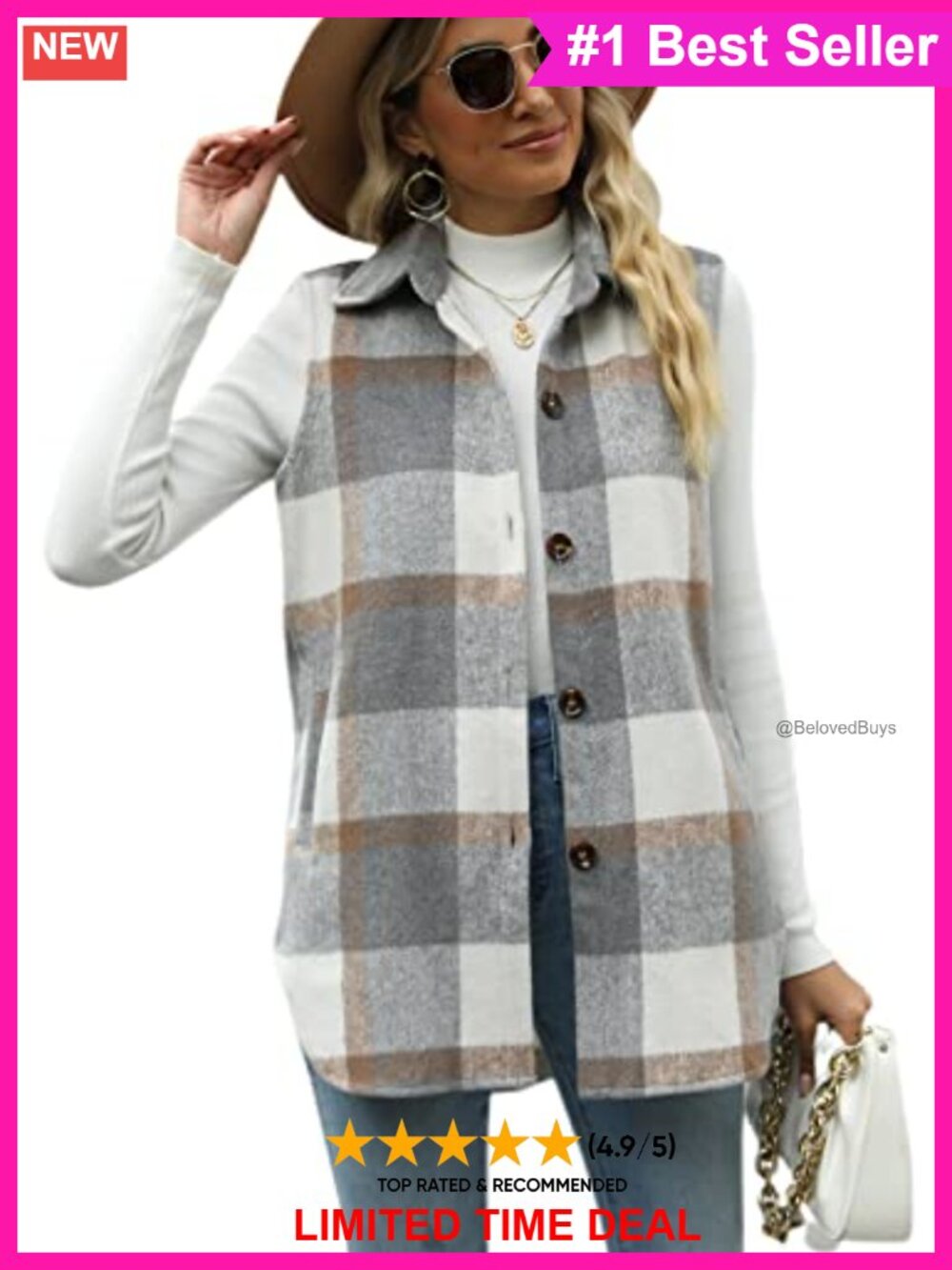 Plaid Flannel Sleeveless Vest Button Front Lapel Collar Shacket